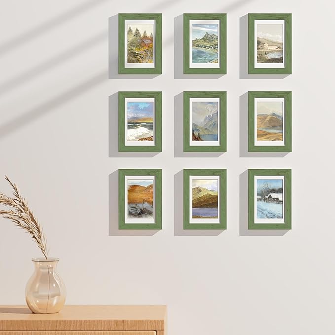 Vittanly 4x6 Picture Frames Set of 9, Display 3.5x5 Pictures with Mat or 4x6 without Mat, Photo Frames for Wall or Tabletop with Plexiglass, Engineered Wood, Rustic Green