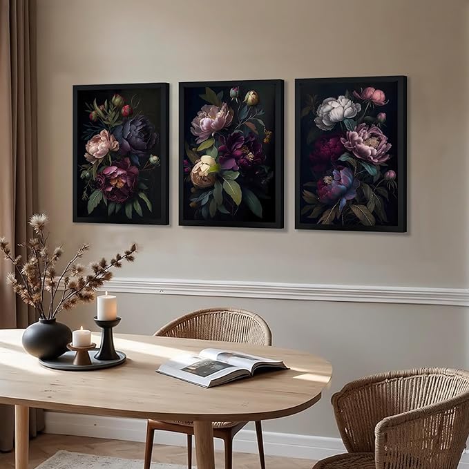ICHZUMW Moody Peony Floral Canvas Wall Art Set of 3, Black Wood Framed Dark Academia Gothic Botanical Wall Decor, Ready to Hang Fade‑Resistant Flower Pictures for Bedroom Living Room Bathroom, 16×24in