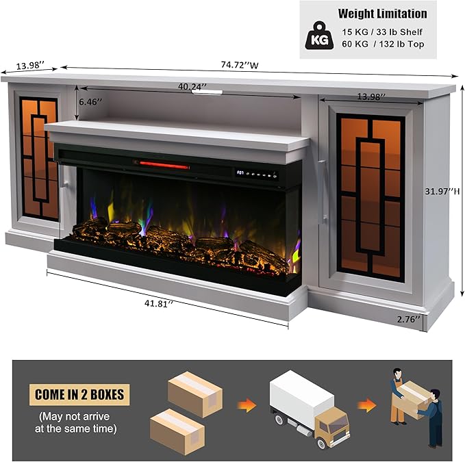 75 Inch Electric Fireplace TV Stand, 3- Side Glass LED Modern Media Entertainment Center Console Table for TVs up to 80/85 Inch w/Adjustable Flame, 40’’ Fireplace, Highboy, Antique White