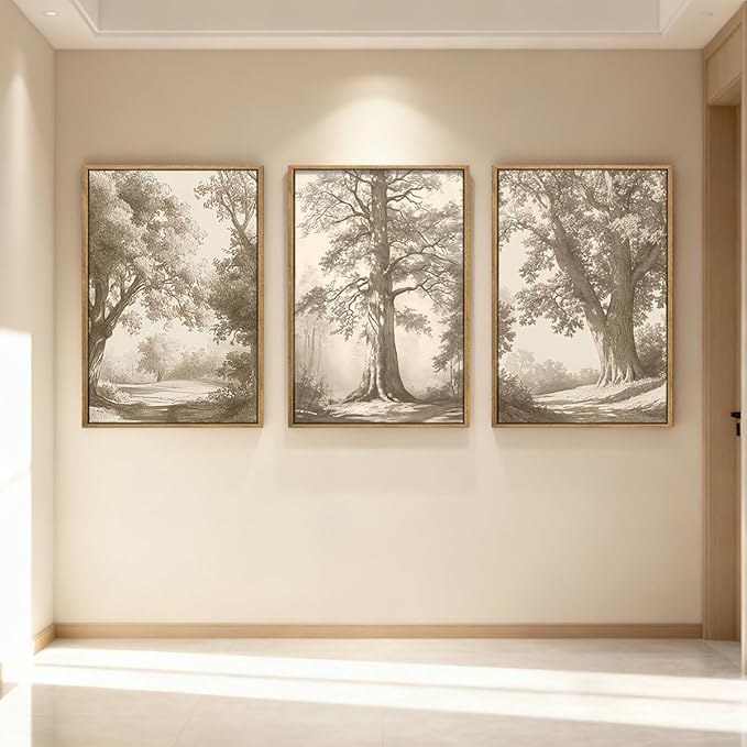 Vintage Tree Canvas Wall Art Framed Rustic Tree Landscape Sketch Antique Painting Neutral Forest Wall Decor 24x36 Inch Farmhouse Botanical Set of 3 for Living Room Bedroom