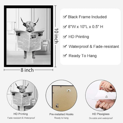 KBKBART Funny Highland Cow Wall Art Set of 3, Rustic Farmhouse Bathroom Cow Pictures Wall Decor Painting, Brown Cute Cow Animal Canvas Posters Prints for Bathroom Restroom Home Decor Framed 8x10 Inch