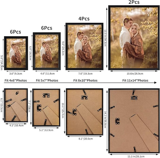 Hoikwo Multi Pack Set of Black Picture Frames, Six 4x6 Six 5x7 Four 8x10 Two 11x14 for Home Wall Display