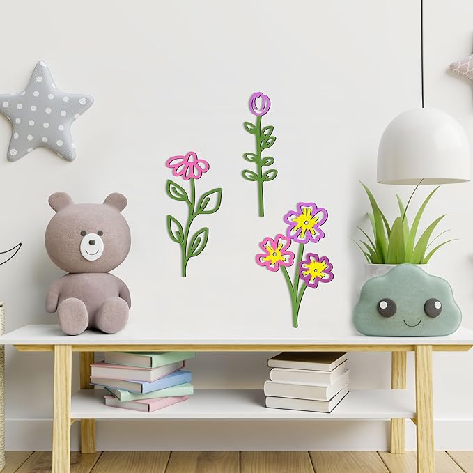 PerKoop 8 Pcs Wooden Flowers Wall Decor Boho Wildflowers Hanging Sculpture Wood Floral Cutouts for Nursery Bedroom Living Room Housewarming Gifts for Home Decorations(Fresh Style)