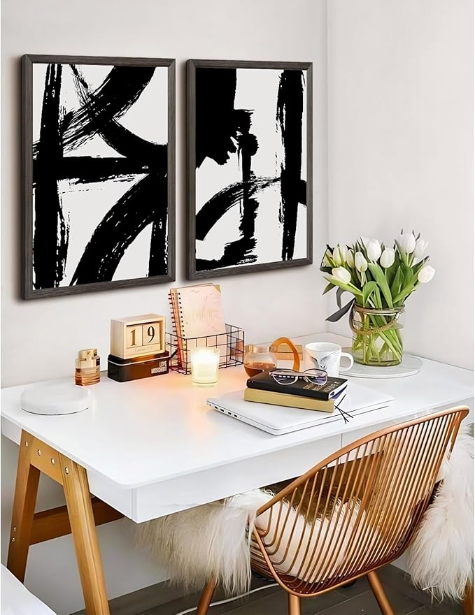 Black and White Wall Art Abstract Modern Painting Minimalist Line Canvas Wall Art Decor Black And White Poster Abstract Artwork Prints for Living Room Bedroom 16x24 Inch Framed Set of 2
