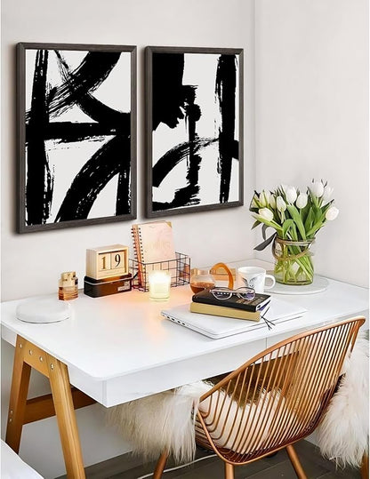 Black and White Wall Art Abstract Modern Painting Minimalist Line Canvas Wall Art Decor Black And White Poster Abstract Artwork Prints for Living Room Bedroom 16x24 Inch Framed Set of 2