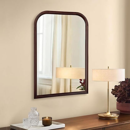 Wood Bathroom Mirror for Wall,Arched 24 x 36 inch Hanging Vanity Dark Brown Tempered Mirrors with Rounded Corner for Living Room,Bedroom,Entryway