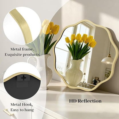 HOMECOOKIN 20" Wavy Round Wall Mirror, Gold Scalloped Circle Mirror Edge Round with Metal Frame, Modern Decorative Hanging/Leaning Mirrors for Bathroom, Hotels, Hallway, Entryway, Vanity, Office