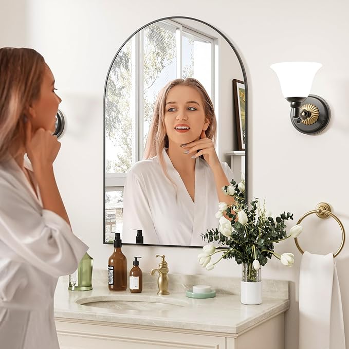 Rowjut Arched Wall Mirror 30"x20"Window Mirrors, Decorative Wall & Iron Framed Bathroom Mirror, Arched Top Wall Mirrors for Entryway. Living Room, Bedroom, Fireplace .（Black