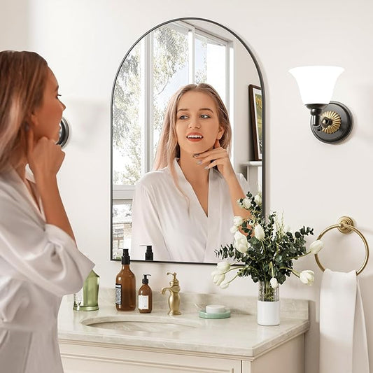 Rowjut Arched Wall Mirror 30"x20"Window Mirrors, Decorative Wall & Iron Framed Bathroom Mirror, Arched Top Wall Mirrors for Entryway. Living Room, Bedroom, Fireplace .（Black