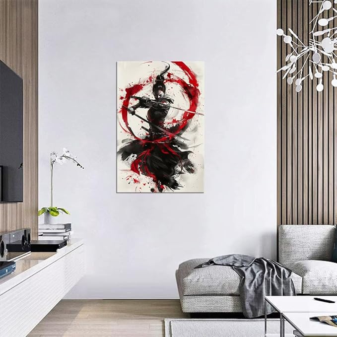 Japanese Female Samurai Wall Art Woman Fight Painting Canvas Prints Red Warrior Pictures Bushido Poster for Bedroom Classroom Dorm Living Room Aesthetic Decor Framed (12''W x 16''H)