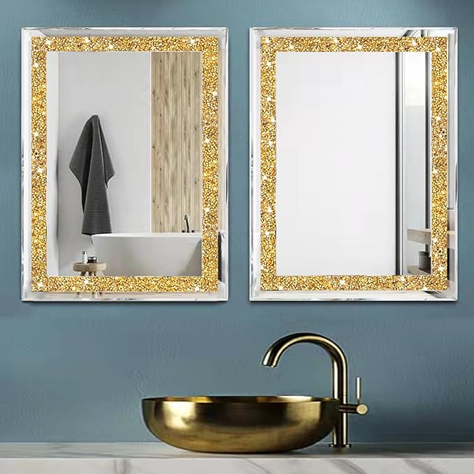 ZOLAPI 2PCS Crystal Rhinestone Diamond Wall Mirror.Brilliant Hand-Spliced Glass Mirror.Gold Accent Decorative Mirror for Hallway/Bathroom/Bedroom（11”x15”）