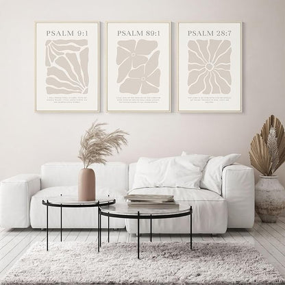 Scripture Christian Wall Art Set of 3 Beige Bible Verses Wall Decor Neutral Psalm Canvas Wall Art Modern Pictures Flower Prints Christian Artwork for Living Room Bedroom 16x24 Inch Framed