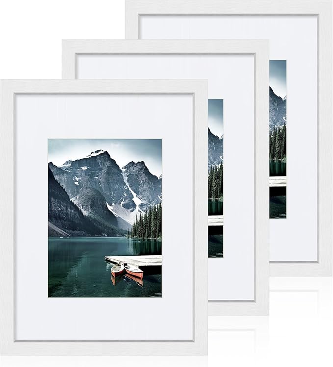 Hongkee 9x12 White Picture Frames set of 3, Made of Wooden and Glass Photo frame - Displays Picture 6x8 with Mat or 9 x 12 without Mat, Desktop & Wall Collage Frame set