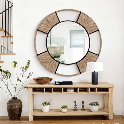 42'' Coastal Large Round Rope Mirror, Nautical Mirror with Detachable Rattan & Black Metal Frame, Farmhouse Mirrors for Rustic Boho Bathroom, Bedroom, Living Room, or Entryway