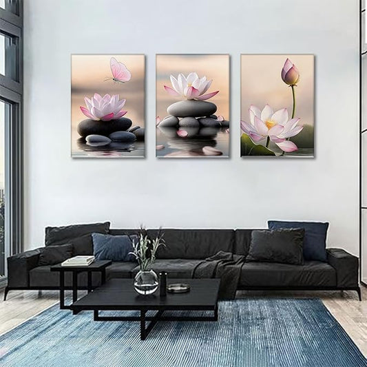 AOYUSMO 3 Piece Lotus Flower Wall Art Zen Bathroom Wall Decor Spiritual Canvas Art Yoga Room Pink Lotus Pictures Meditation Paintings Spa Artwork For Living Room Bedroom
