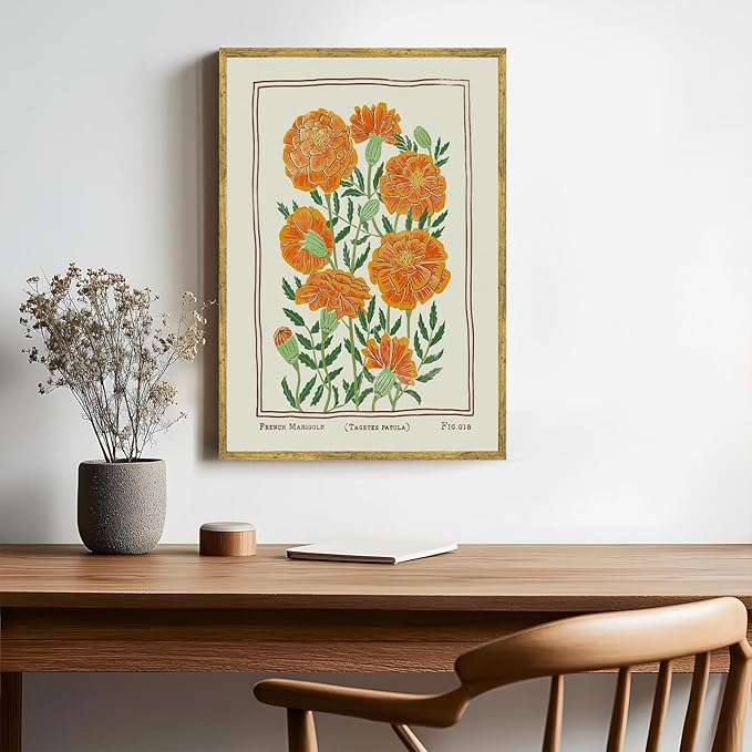 Large Gold Framed Vintage French Marigold Botanical Wall Art Retro Floral Canvas Painting Print Stylish Birth Flower Pictures Farmhouse Artwork for Bedroom Home Garden-Inspired Decor 24x36inch