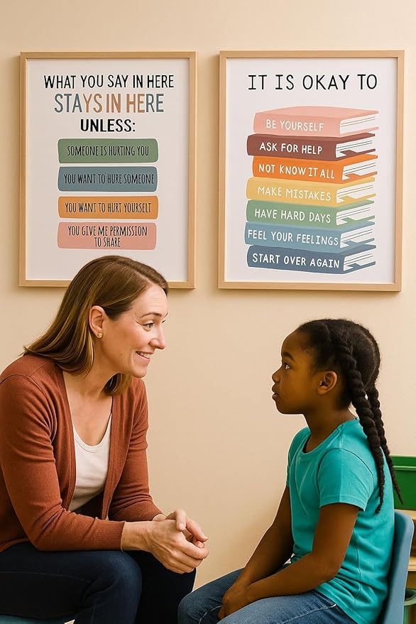 2 Therapy Office & Classroom Wall Decor – What You Say Here Stays Here / It’s Okay to Feel Posters – Emotional Learning Decor for School Counselor, Mental Health Room, Home – Unframed Canvas 11"x14"