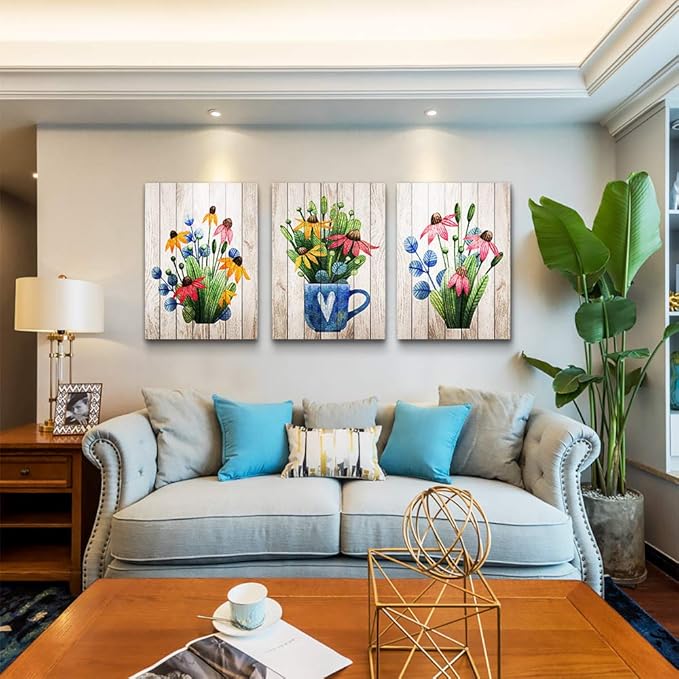 Canvas Wall Art For Kitchen Wall Decoration For Living Room Large Size Wall Decor For Bedroom Room Decor Vintage Wood Plant Flowers Wall Painting Office Wall Pictures Artwork Home Decor 3 Piece
