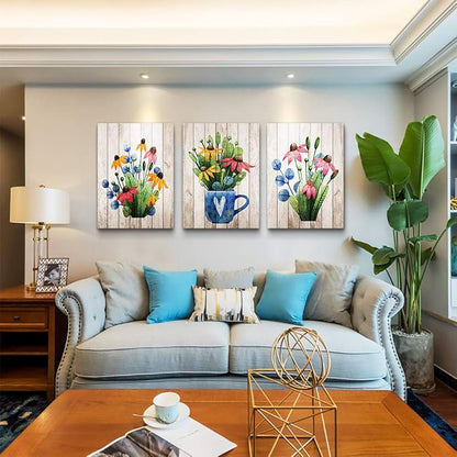 Lapremoly Wall Art for Kitchen Large Wall Decor for Living Room Bedroom Decorations Room Wall Decor 3 Pieces Framed Canvas print Artwork Modern Office Home Decor Vintage Wood Grain Flowers Painting