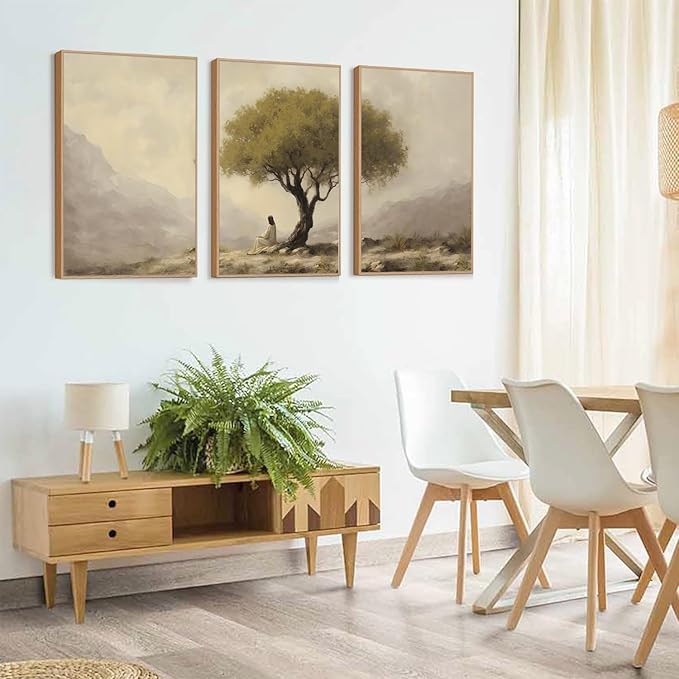 HLNIUC Jesus Sitting Under Olive Tree Canvas Wall Art,Religious Christian Wall Decor(24x36x3),Easter God Bible Story Framed Artwork,Vintage Garden of Gethsemane Prints for Church,Living Room,Bedroom