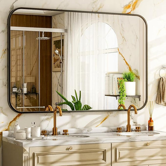 Easly 26 x 38 Inch Bathroom Mirror, Rounded Rectangular Vanity Mirror for Wall, Modern Mirror for Room Decor, Black Framed Wall-Mounted Mirrors for Home Decor, Hangs Horizontally or Vertically