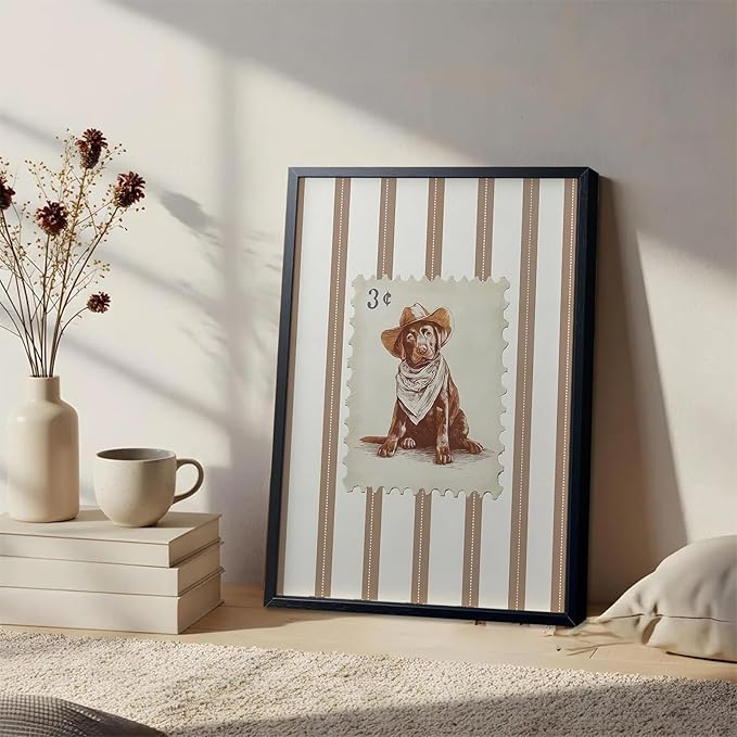 Vintage Cowboy Dog Wall Art, Western Puppy Stamp Canvas Print, Farm Rustic Country Animal Wall Decor, Southwestern Poster Oil Painting for Living Room Bedroom Nursery Office 12x16 Inch Framed