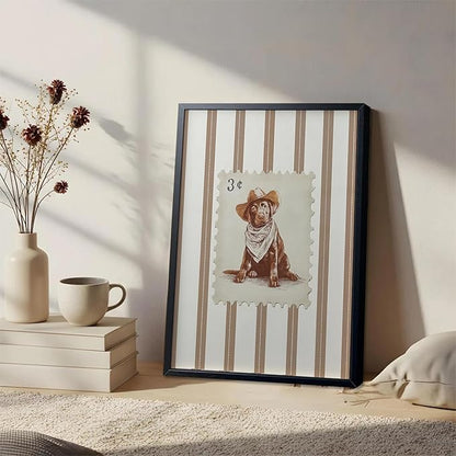 Vintage Cowboy Dog Wall Art, Western Puppy Stamp Canvas Print, Farm Rustic Country Animal Wall Decor, Southwestern Poster Oil Painting for Living Room Bedroom Nursery Office 12x16 Inch Framed