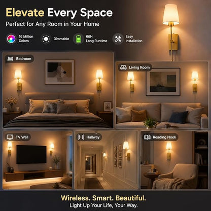 Battery Operated Wall Sconces Set of 2, Smart Rechargeable Wireless Wall Lights with Alexa, Apple Home & Google, RGB Dimmable LED Wall Sconce, 66H Battery Life