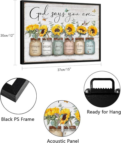 God Says You Are Wall Art: Christian Wall Art Framed Inspirational Quotes Bible Verse Wall Decor for Living Room Bedroom,Sunflower Pictures Religious Scripture Wall Art Prints Posters 12"x15"