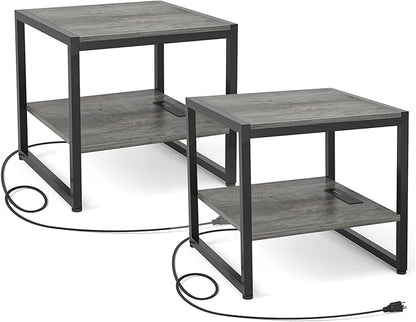 Homieasy End Table with Charging Station, 20" Mini Fridge Stand with Power Outlets, Heavy Duty Side Table for Living Room, Small Table Stand & Fridge Table, Black Oak, 2 Pack