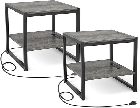 Homieasy End Table with Charging Station, 20" Mini Fridge Stand with Power Outlets, Heavy Duty Side Table for Living Room, Small Table Stand & Fridge Table, Black Oak, 2 Pack