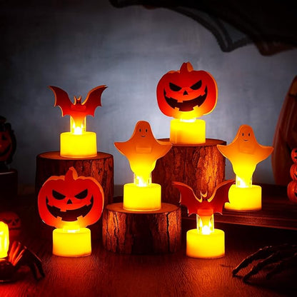 Tuanse 6 Pcs Halloween Flameless Candles Battery Operated LED Tealight Candles Pumpkin Bat Ghost Halloween Decorations for Home Indoor Table Centerpiece Party Decor