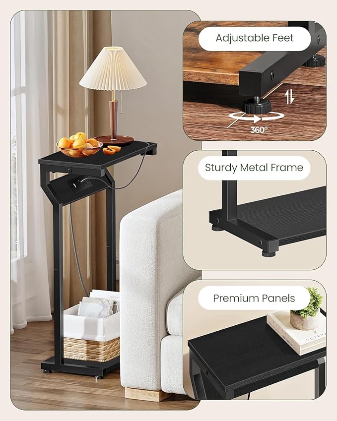 CHOEZON Narrow Side Table with Charging Station, 27" Skinny End Table for Small Spaces, Couch Table with Storage, Slim Tray Table with USB Ports, for Living Room, Bedroom, Black TBZ27UBB