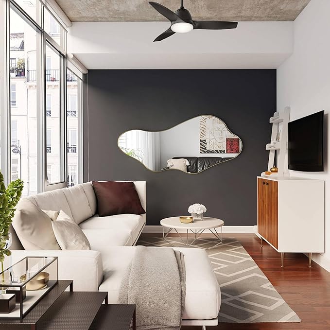 Large Irregular Mirror, 55"x25.6" Asymmetrical Mirrors with Gold Metal Frame, Modern Unique Shaped Abstract Mirror for Living Room Bathroom Bedroom Entryway, Hangs Horizontal Or Vertical