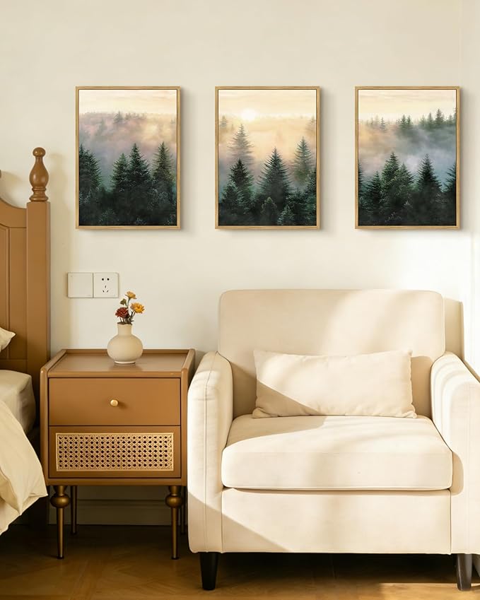 Drsoum Green Fog Pine Tree Landscape Wall Art Framed Nature Misty Nordic Forests Prints Morden Farmhouse Rustic Artwork Hallway Bedroom Ready to Hang 11x14in Natural Framed