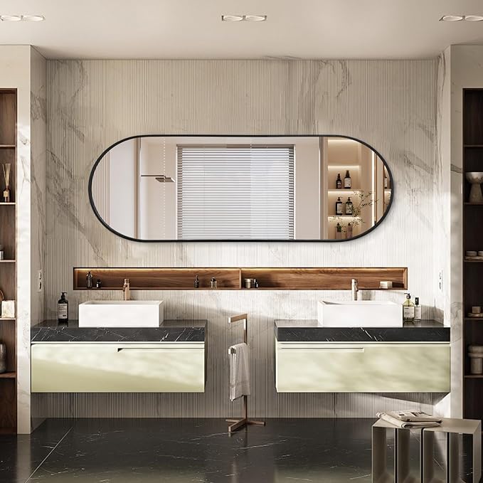 JJUUYOU Bathroom Wall Full Length Mirrors for Wall Oval Mirror Black Metal Framed Mirrors 48"X18" Matte Bedroom Vanity Farmhouse Anti-Rust Tempered Glass Hangs Horizontally or Vertically Mirror