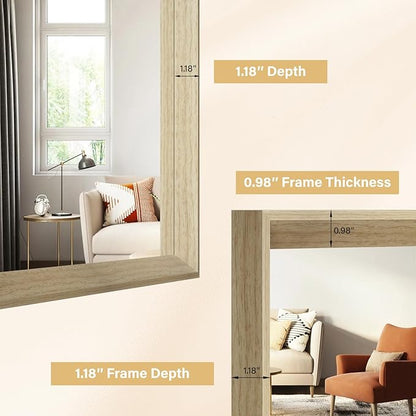 Oak Wood Effect Framed Wall Mirror, 24x36 Rectangle Mirror, Anti-desilvering Tempered Glass, Sustainable& Sturdy Frame, Farmhouse Mirror, Anti-Rust, 3min Fast Setup for Bathroom Living Room