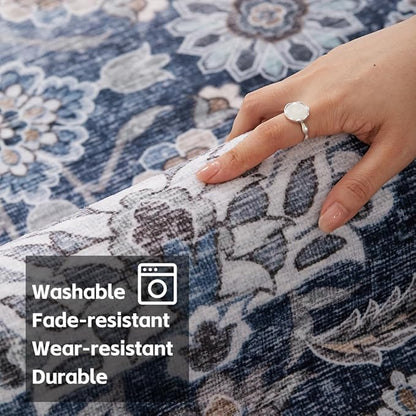 8x10 Area Rugs Grey and Blue Washable Rug for Living Room, Dining Room, Bedroom, Large Carpets, Non Slip & Non-Shedding Low Pile Vintage Print Rug for Home Office Decor