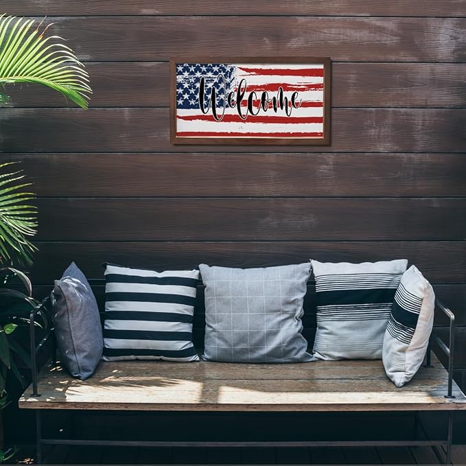 American Flag Welcome Sign, Front Door Wall Decors, Patriotic American Home Decor, Porch Decoration, Housewarming Decoration, Rustic Farmhouse Wooden Framed Wall Decor 15×7.5×0.3 inches