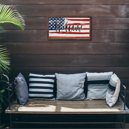 American Flag Welcome Sign, Front Door Wall Decors, Patriotic American Home Decor, Porch Decoration, Housewarming Decoration, Rustic Farmhouse Wooden Framed Wall Decor 15×7.5×0.3 inches
