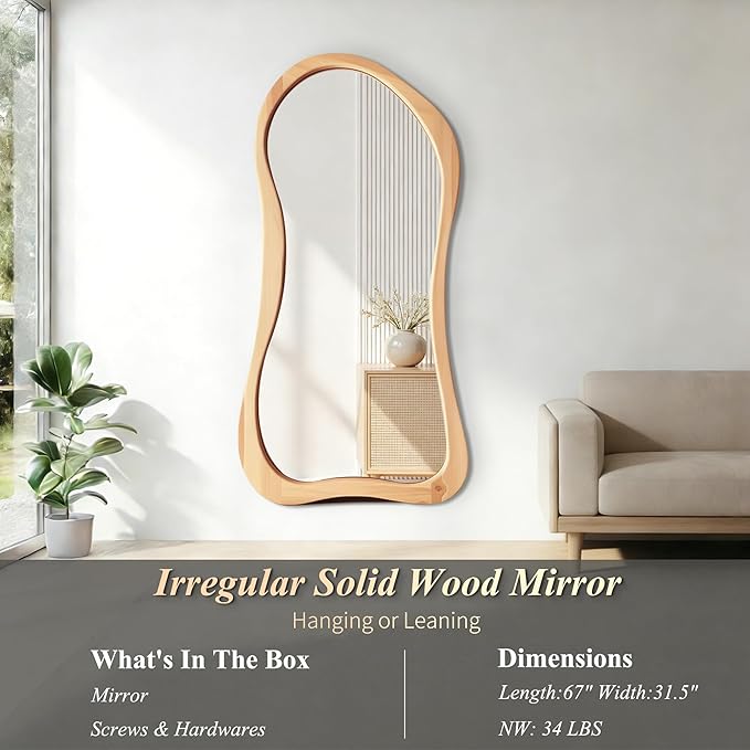 Large Irregular Mirror, 67"x31.5" Asymmetrical Full Body Mirrors with Solid Wood Frame, Premium Organic Aesthetic Floor Mirror for Living Room Entryway Hallway Cloakroom, Leaning/Hanging