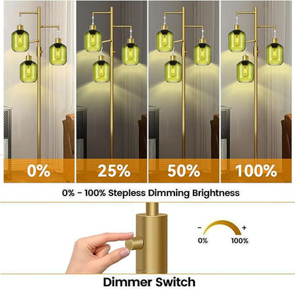Glass Floor Lamps for Living Room, Modern Standing Lamps with Green Shade, Dimmable Green Tall Floor Lamp, Mid Century Gold 3 Lights Tall Tree Lamp with 3 LED Bulbs