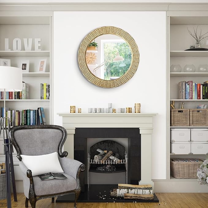 WAMIRRO Gold Round Wood Mirror, 28 Inch Hand Carved Solid Wood Frame Circle Mirror for Wall Mount, Farmhouse Boho Decor for Living Room, Bathroom, Bedroom, Hallway & Entryway