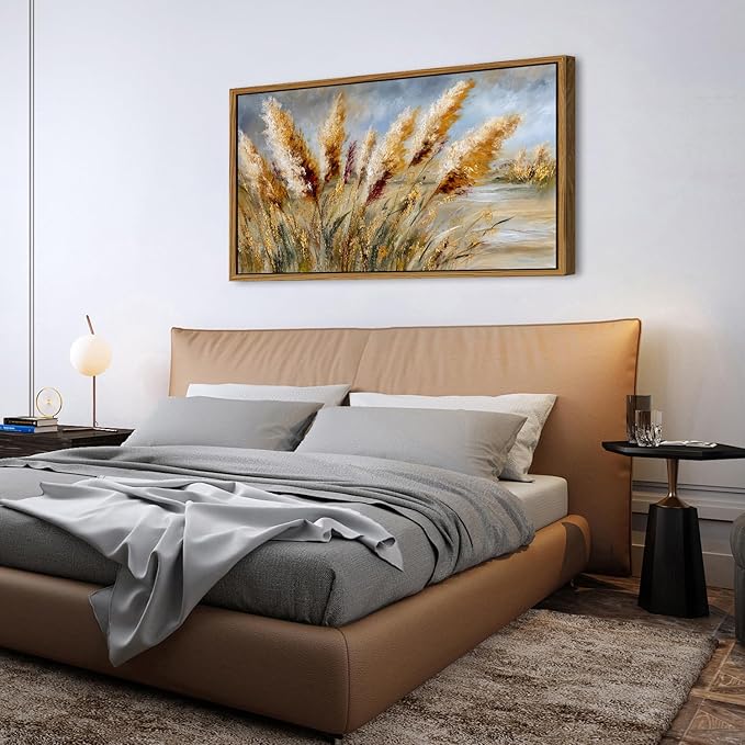 Vintage Wheat Field Framed Wall Art Countryside Golden Wheat Decor Farmhouse Rustic Landscape Picture Canvas Prints for Bathroom Kitchen Decorations Nature Botanical Painting Classical Artwork 30x57.8"