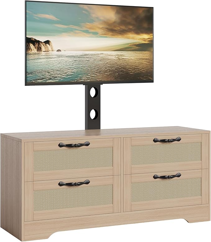 GarveeHome 4 Drawer Dresser TV Stand with Mount, XXX Inch Rattan Entertainment Center for TVs Up to 70 Inch, Farmhouse Wooden Media Console for Living Room, Bedroom, Natural