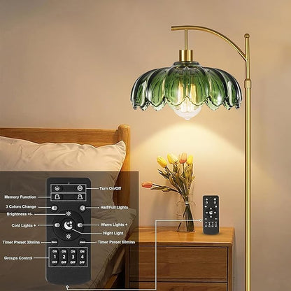 ZECOXOL Gold Floor Lamps for Living Room Vintage Green Floor Lamp with Remote Control & Glass Lampshape,Dimmable Mid Century Modern Standing Lamp Tall Flower Lamp Brass Floor lamp for Bedroom Corner