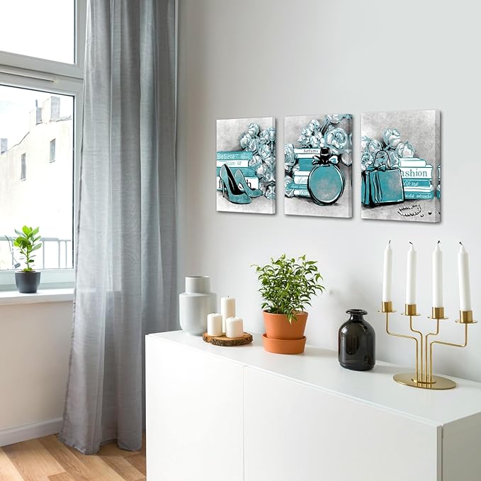 LevvArts 3 Piece Fashion Canvas Wall Art Glam High Heels Perfume Bags with Book Poster Art Painting Prints Framed Modern Teal and Grey Home Bathroom Beauty Room Decorations 12x16inchx3pcs