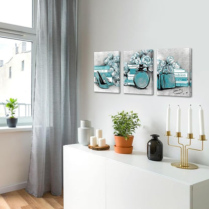 LevvArts 3 Piece Fashion Canvas Wall Art Glam High Heels Perfume Bags with Book Poster Art Painting Prints Framed Modern Teal and Grey Home Bathroom Beauty Room Decorations 12x16inchx3pcs