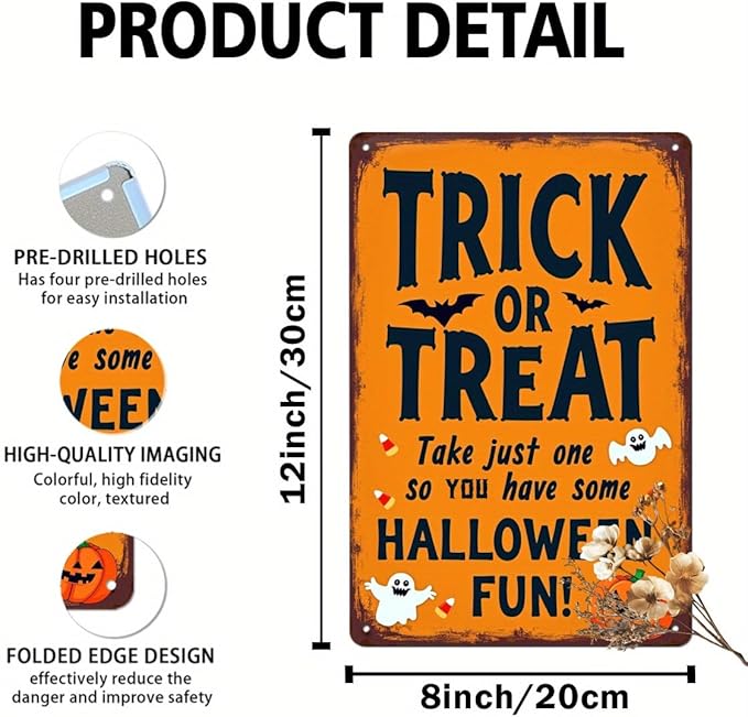 Trick or Treat Halloween Metal Tin Sign Vintage Halloween Wall Decor for Home Kitchen Entryway and Office Rustic Halloween Decorative Signs Metal Poster 8x12 Inch