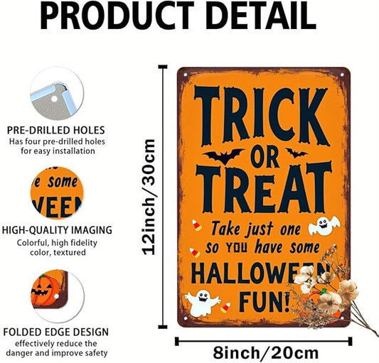 Trick or Treat Halloween Metal Tin Sign Vintage Halloween Wall Decor for Home Kitchen Entryway and Office Rustic Halloween Decorative Signs Metal Poster 8x12 Inch